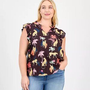 NWT! Democracy Trendy Plus Printed Split-Neck Flutter-Sleeve Top